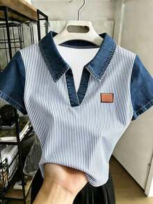 Camiseta de mujer casual y versátil con cuello polo y mangas cortas en bloques de color, regalo para ella / regalo de vacaciones - Multicolor 3 - Ver 4