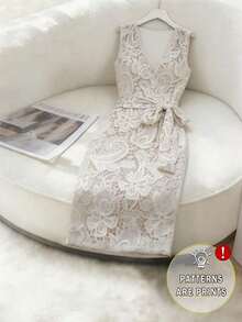 Vestido midi elegante sin mangas con estampado de encaje 3D, cuello superpuesto, cinturón en la cintura, uso diario casual, vestido de encaje elegante en color albaricoque - Albaricoque - Ver 7