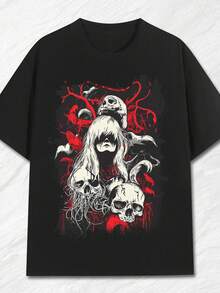 Camiseta de hombre con estampado de calaveras góticas - Diseño de fantasía oscura, calaveras rojas y blancas sobre fondo negro,% tela suave y transpirable, manga corta, cuello redondo, estilo casual y vanguardista, adecuada para uso diario y fiestas, se puede usar durante todo el año. - Negro - Ver 1