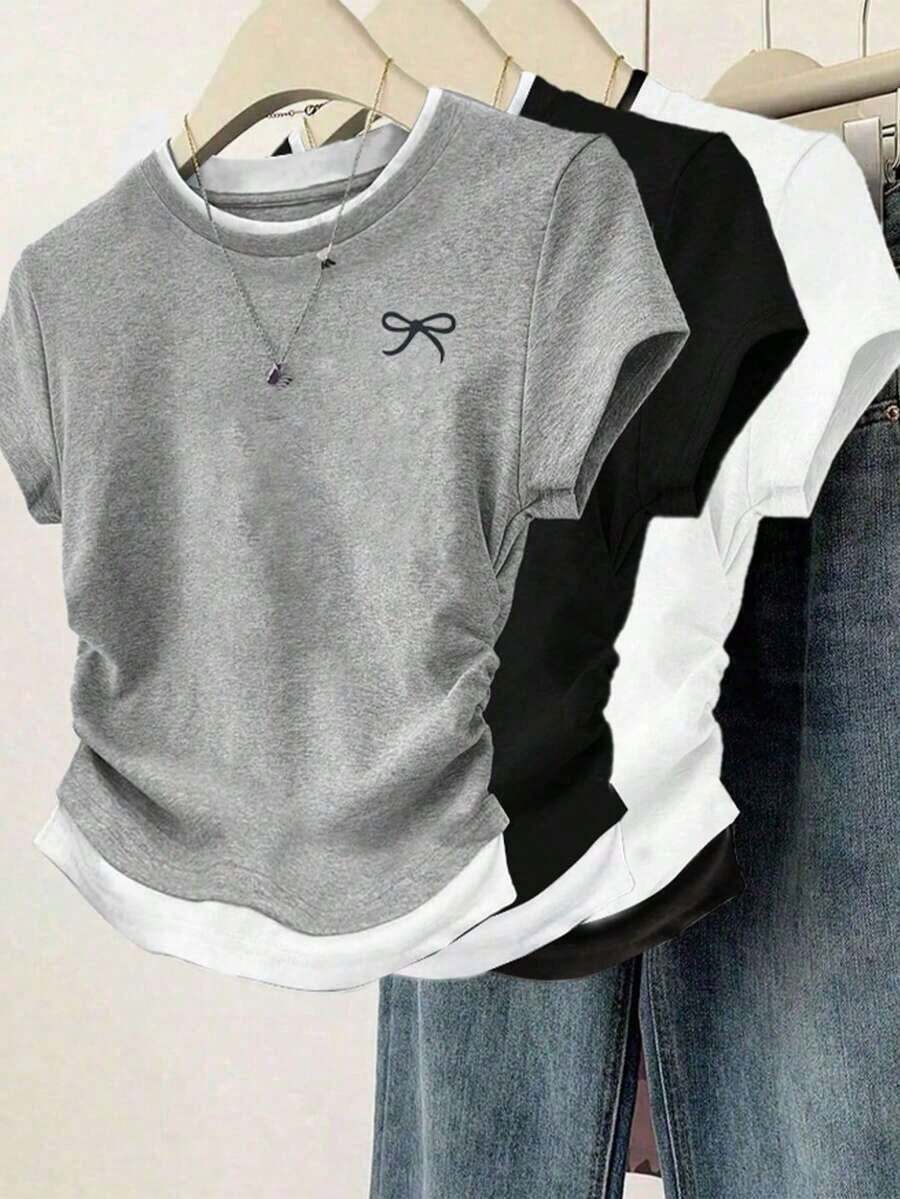 Set de 3 camisetas de mujer de manga corta, cuello redondo, unicolor, con detalle de volantes y estampado de mariposa, de estilo casual y slim para el verano - Multicolor 4 - Ver 1