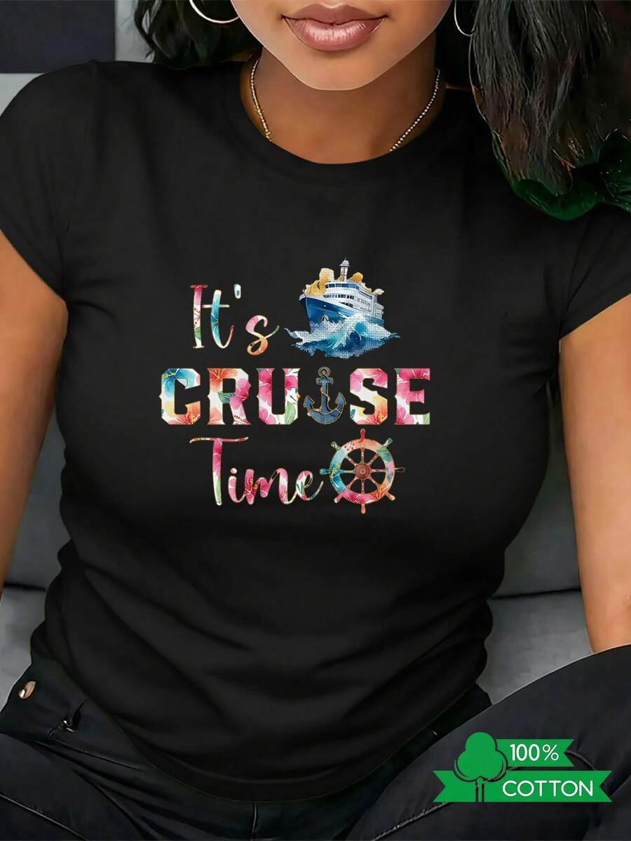 Camiseta de mujer con cuello redondo, estampado de letras y anime, de diseño sencillo, cómoda y transpirable, adecuada para el uso diario informal, que muestra un estilo veraniego refrescante, imprescindible para fiestas, envío local.Su texto CRUZADORA. - Negro - Ver 1