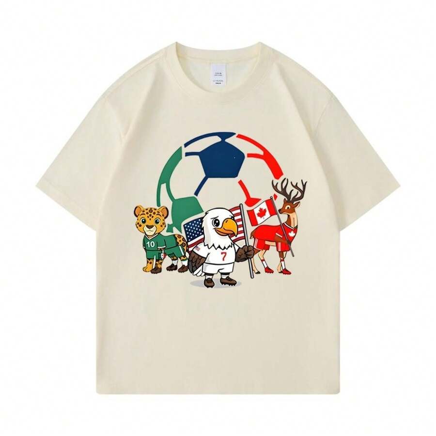 Camiseta de manga corta con estampado de la mascota de la Copa Mundial 2026 de EE.UU.-Canadá-México, ropa, camiseta básica de manga corta. - Negro - Ver 1