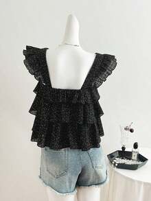 Blusa de mujer con patrón de cuadros arrugados, lunares negros, diseño suelto de mangas con volantes - Negro - Ver 2