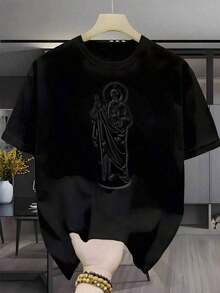 Tiendas locales, camisas de hombre, camisas de hombre, ropa de hombre, camisas para hombres, camiseta Tadeo 180G blanca y negra, patrón de impresión religiosa, impresión de alta calidad, cuello redondo, ajuste básico holgado, para hombres y mujeres, transpirable, versátil, lavable en máquina, cómoda, talla S ~ 3XL, diario, casual, deportiva, esencial para el verano. - Negro - Ver 1