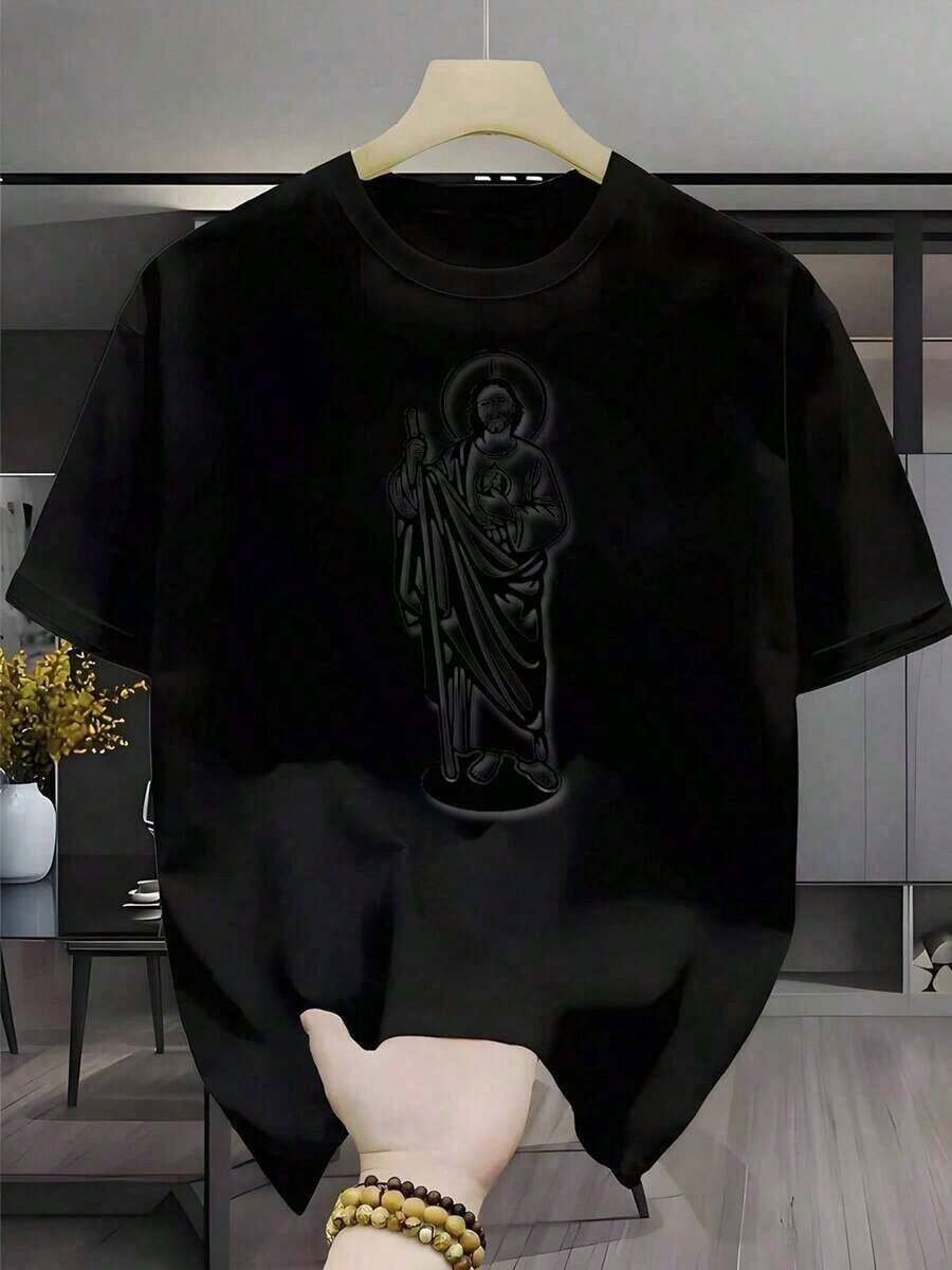 Tiendas locales, camisas de hombre, camisas de hombre, ropa de hombre, camisas para hombres, camiseta Tadeo 180G blanca y negra, patrón de impresión religiosa, impresión de alta calidad, cuello redondo, ajuste básico holgado, para hombres y mujeres, transpirable, versátil, lavable en máquina, cómoda, talla S ~ 3XL, diario, casual, deportiva, esencial para el verano. - Negro - Ver 1