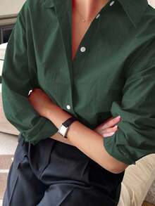 Camisa holgada de mujer de unicolor, de manga larga y de abotonadura sencilla - Verde Oscuro - Ver 4