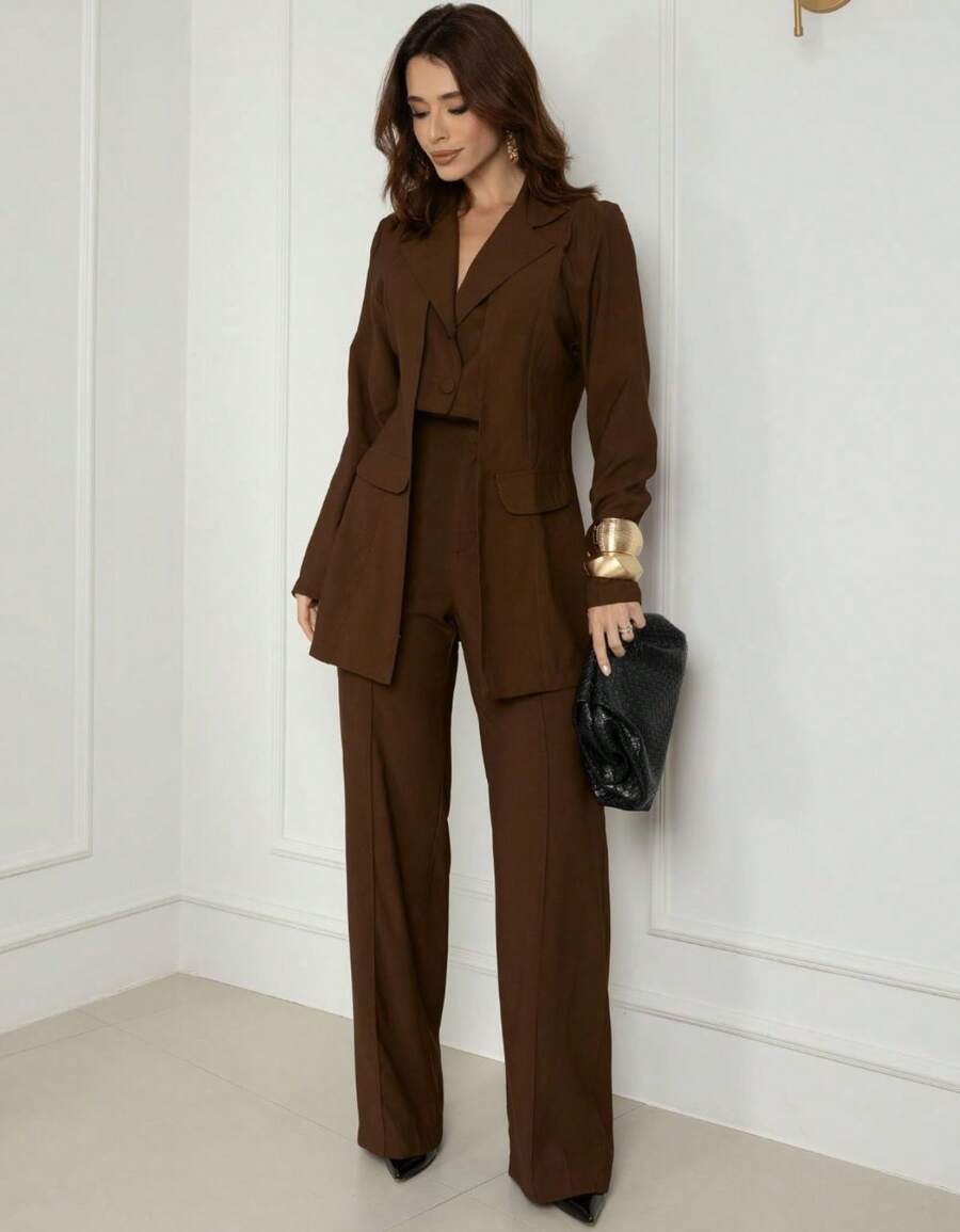 Premium Women's Double Blazer And Pants Set - Rust Brown - View 1