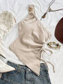 Camiseta de tirante único de punto jacquard texturizado de color beige para mujer, adecuada para fiesta, cita, Día de San Valentín, Pascua, carnaval, té de la tarde, playa, crucero, vacaciones en la ciudad - Albaricoque - Ver 6