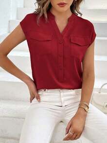 Camisa casual de mujer de unicolor con cuello en V, abotonadura sencilla y bolsillo - Burdeos 2 - Ver 4