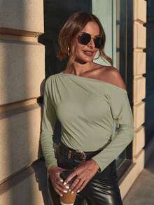1 pieza Camisa de manga larga elegante de unicolor con cuello plisado asimétrico para ir al trabajo - Verde Oliva - Ver 6