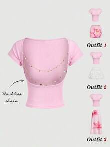 Camiseta casual de mujer de cuello de pico, manga corta y ajustada, versátil - Rosa - Ver 2