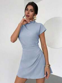 Vestido mini de línea A con fruncido de unicolor, adecuado para el uso diario en verano - Celeste - Ver 3