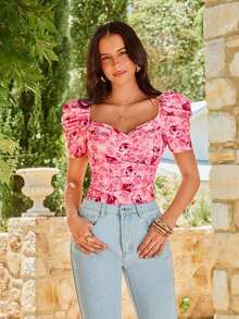 Blusa de mujer casual y elegante con estampado floral romántico y cuello en V, manga abullonada, para primavera/verano.Blusa floral de verano, blusa de primavera, blusa de manga abullonada, blusa floral, Blusa floral francesa suave del verano 2026 con cuello de corazón, manga abullonada y ajuste ceñido, blusa de manga corta linda para vacaciones, camisa delgada versátil para uso diario - Rosa - Ver 5