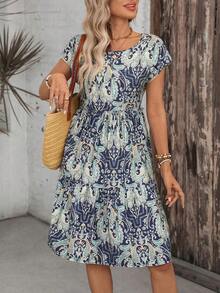 Vestido de mujer de manga corta con cuello redondo y estampado geométrico de verano - Multicolor 3 - Ver 3