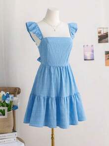 Vestido mini de mujer para vacaciones, de color caqui marrón, con textura de ramitas y hojas, de tela, con mangas de tipo gorro, espalda abierta y cintura con lazo, apto para fiesta, cita, té de la tarde, estilo bohemio, festival de música, carnaval, playa. - Azul - Ver 2