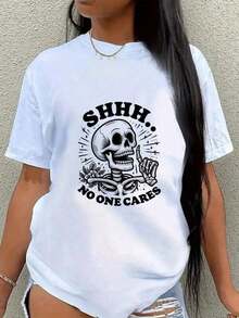 Women's Gothic T-Shirt "Shhh... Nobody Cares" With Skull And Creepy Hands Print - Soft And Stretchy Knit Crew Neck Casual T-Shirt, Black Gothic Top For Year-Round Wear To The Gym And Theme Events - Statement T-Shirt With Bold Humor, Washable, Comfortable And Breathable Fabric, Versatile Layering Garment, Gothic Clothing For Women, High Quality 220g Pure Cotton T-Shirt With Minimalist Print, Soft And Breathable Fabric, Comfortable And Stylish, Suitable For Daily Wear, Suitable For Casual Office Wear, Spring And Summer Daily Look, Stylish And Youthful Design - 白色 - 查看 1