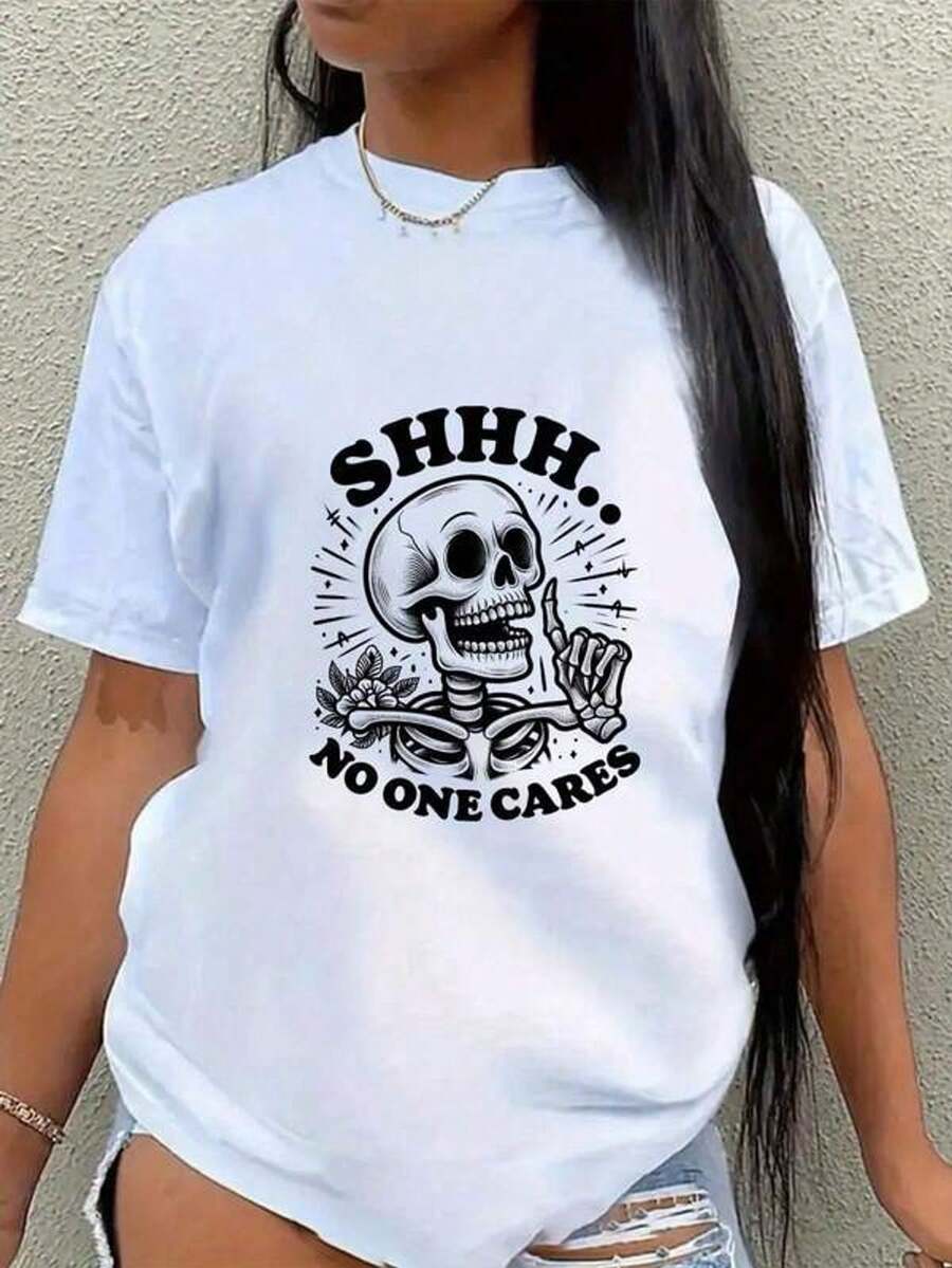 Women's Gothic T-Shirt "Shhh... Nobody Cares" With Skull And Creepy Hands Print - Soft And Stretchy Knit Crew Neck Casual T-Shirt, Black Gothic Top For Year-Round Wear To The Gym And Theme Events - Statement T-Shirt With Bold Humor, Washable, Comfortable And Breathable Fabric, Versatile Layering Garment, Gothic Clothing For Women, High Quality 220g Pure Cotton T-Shirt With Minimalist Print, Soft And Breathable Fabric, Comfortable And Stylish, Suitable For Daily Wear, Suitable For Casual Office Wear, Spring And Summer Daily Look, Stylish And Youthful Design - 白色 - 查看 1