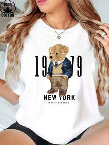 1 Piece Fashion Casual T-Shirt For Men And Women AINO, 100% Cotton, New York Bear Print T-Shirt, 220g Thick Cotton, Halloween Printed T-Shirt For Women, Versatile, Easy To Match, Suitable For Daily Wear, Urban Style, Holiday Wear, Weekend Wear. - 彩色 - 查看 7