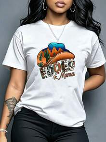 Camiseta de manga corta casual de verano con estampado gr£fico de vaquero, cactus del desierto y "Rodeo Mama" - Blanco - Ver 2