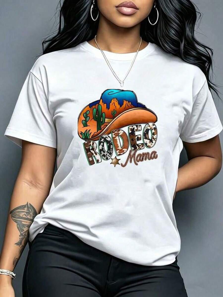 Camiseta de manga corta casual de verano con estampado gr£fico de vaquero, cactus del desierto y "Rodeo Mama"