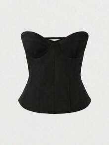 Top corto con corsé de cintura de espina de pescado, estilo sexy, tipo bandage, sin tirantes, para mujer, lindo para citas y fiestas, color negro, para verano - Negro - Ver 5