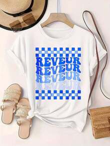 Camiseta Casual de Mujer con Diseño de Patrón Repetido a Cuadros Azules, Adecuada para Todas las Temporadas  
 Negro - Blanco - Ver 2