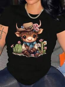 Camiseta de Mujer Talla Grande con Diseño de Vaca - Top Elegante de Manga Corta con Cuello Redondo y Diseño Desértico Caprichoso, Camiseta Casual Negra para Primavera Verano - Negro - Ver 1