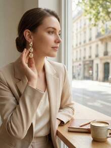 2 piezas Pendientes colgantes ovalados asimétricos de metal minimalistas, adecuados para el uso diario de las mujeres - pendientes largos - Ver 4
