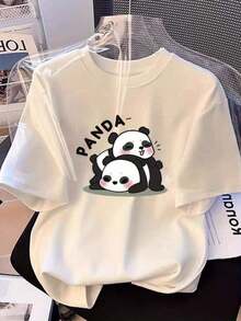 1 pieza, Camiseta de Algodón con Diseño Gráfico de PANDA - Casual, Corte Holgado, Transpirable, Lavable a Máquina, Negra con Texto Blanco, TALLA GRANDE, Suave, Amigable con la Piel, Cómoda, Ropa Unisex, Regalo Perfecto, Uso en Todas las Temporadas, Transpirable y cómoda. - Blanco - Ver 10