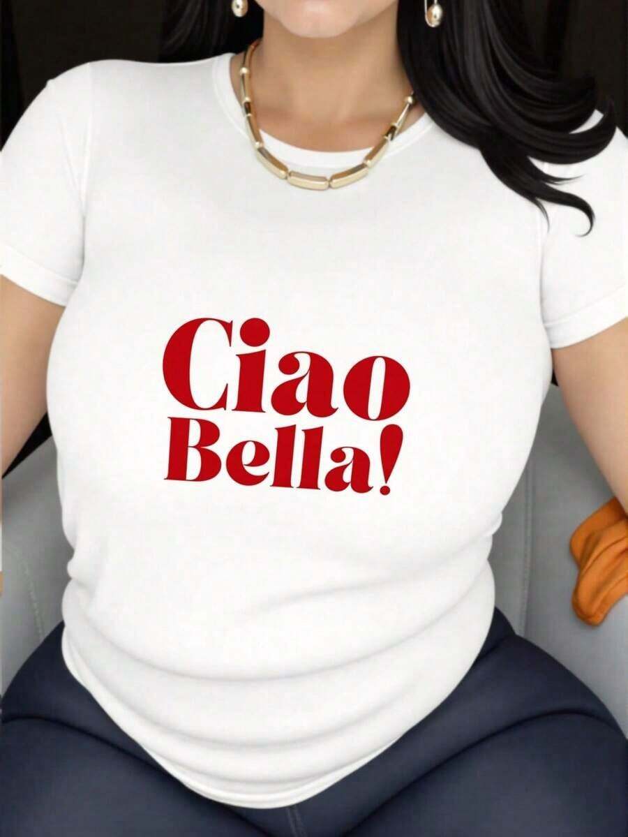 1pscCiao Bella!Camiseta Gráfica para Mujer - Mezcla de Algodón Suave y Transpirable, Camiseta Casual de Manga Corta para Verano, Blanca con Estampado de Letras Rojas, Fácil Cuidado y Secado Rápido para Actividades al Aire Libre, 100% Algodón - Blanco - Ver 1