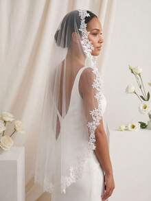 1pc Faux Pearl Bridal Veil, Fingertip Length, Bride Veil With Comb, White/Ivory Lace Trim,Festival,Birthday - Multicolor - View 4