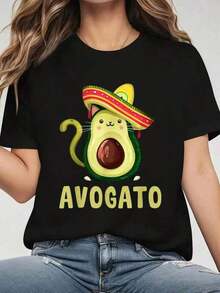 Women's Cotton T-Shirts 1pc Unisex Oversized T-Shirt 100% Thick Cotton Black With Cute Cat And Avocado Print, Round Neck, Short Sleeve 100% Cotton Women's Clothing Daily Home Top - 黑色 - 查看 7
