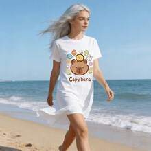 Tops para mujer con Estampado de Capibara para Mujer, Casual de Algodón de Manga Corta y Cuello Redondo para Uso Diario, Top Cómodo y Encantador para el Verano, Ropa de Verano para Mujer, Ropa de Vacaciones para Mujer, Tops para Mujer, Tops de Verano, Conjuntos de Verano, Ropa de Verano, Regalos de Pascua - Blanco - Ver 2
