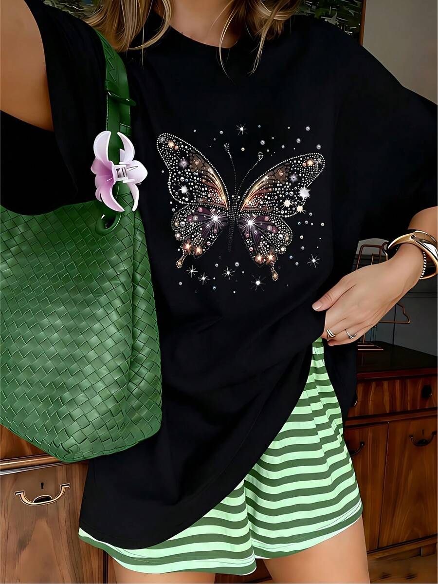 Glamorous Multicolor Rhinestone Butterfly Graphic T-Shirt, 100% Cotton Oversized Soft Breathable Sparkly Tee, Casual Crewneck Short Sleeve Top For Parties & Fashion Lovers - 黑色 - 查看 1
