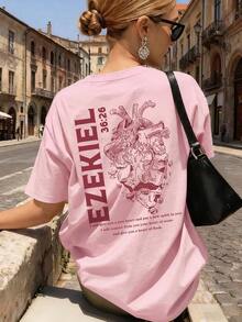 Women's Loose Fit Christian Faith T-Shirt, Comfortable And Elastic With Round Neck, Printed With "Ezekiel 36:26", Anatomical Heart And Bible Verse, Viral Religious Urban Clothing Of INS Aesthetic, Suitable For Church, Bible Study, Youth Group And Daily Devotion In Summer. - 粉色 - 查看 2