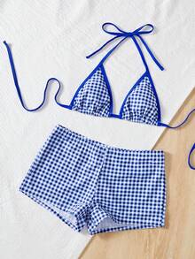 Bộ bikini 3 mảnh cạp cao dành cho nữ, họa tiết kẻ caro, thích hợp cho các lễ hội âm nhạc, tiệc bơi, thời trang Y2K, kỳ nghỉ hè ở bãi biển. - Màu xanh lam - Xem 6
