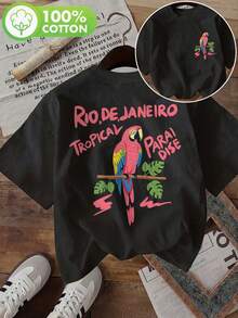 [Double-Sided Print] Fashionable Women's Top, Women's Summer Clothes, Tropical Style, Short Sleeve T-Shirt With Round Neck And Parrot Print And RIO DE JANEIRO TROPICAL Text, Women's Winter Clothes - 黑色 - 查看 3