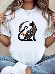 Camiseta de algodón puro para mujer, con estampado de la diosa gata Bastet del antiguo Egipto, camiseta de manga corta con cuello redondo para primavera-verano. - Blanco - Ver 1