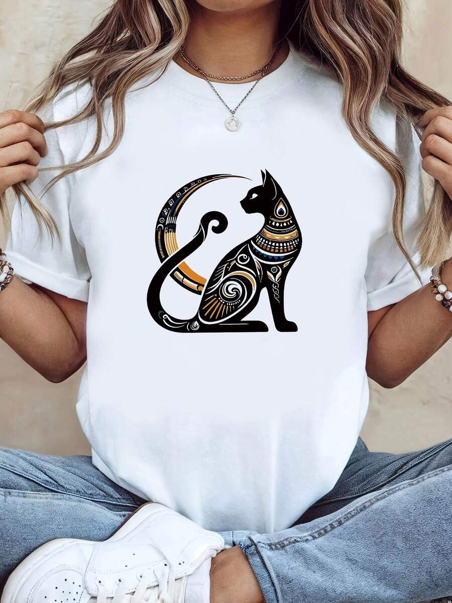 Camiseta de algodón puro para mujer, con estampado de la diosa gata Bastet del antiguo Egipto, camiseta de manga corta con cuello redondo para primavera-verano. - Blanco - Ver 1