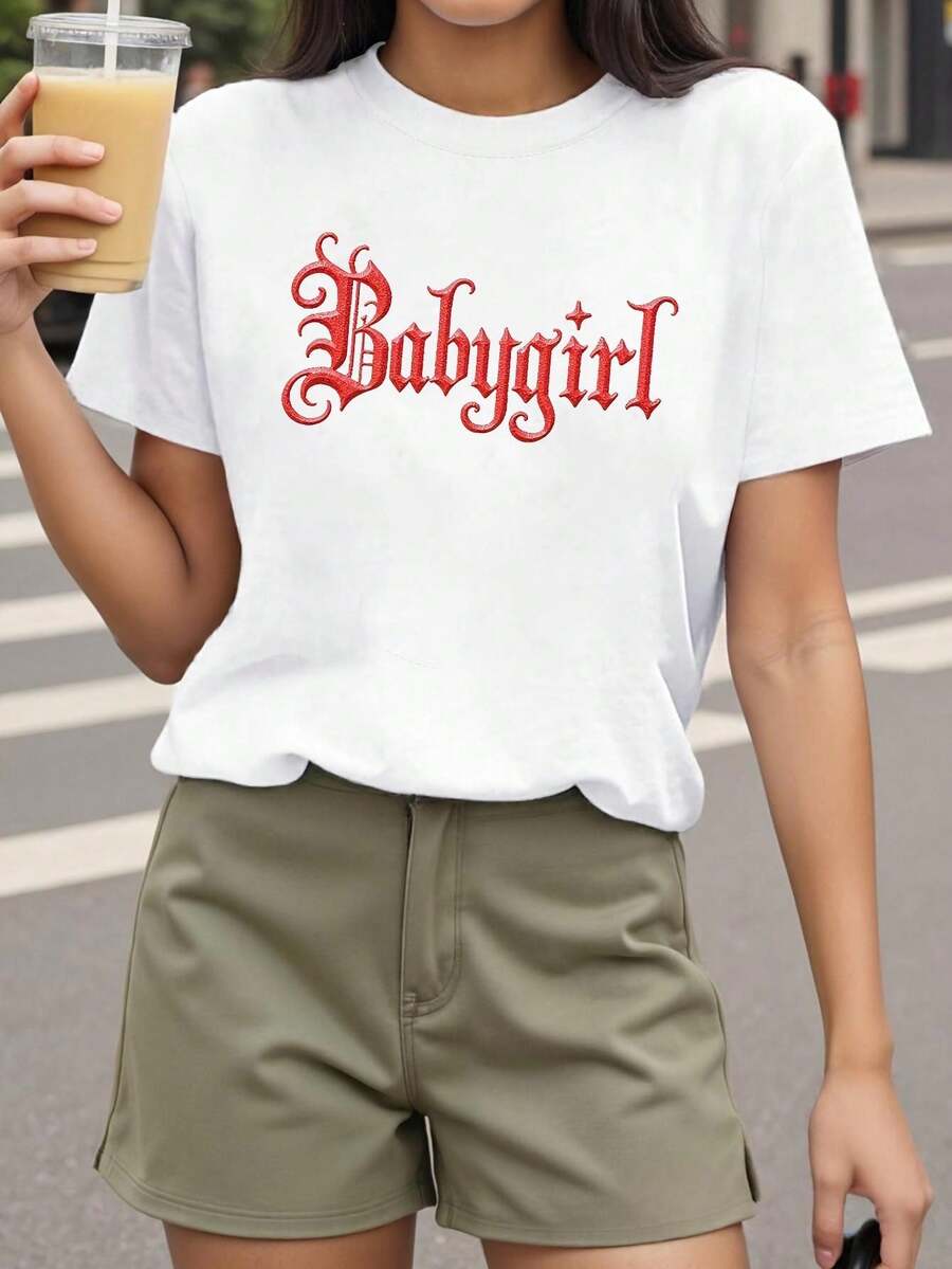 Camiseta de mujer de algodón puro con estampado, estilo dulce y fresco, estampado vintage "Babygirl", cuello redondo, manga corta, para primavera-verano. - Blanco - Ver 1