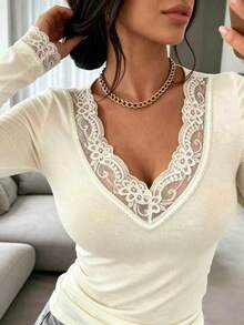 Get Rich A New Summer Women's Vacation Wear, Women's Summer Clothing, Women's Tops, Women's T-Shirt, Beige V-Neck Lace Long Sleeve T-Shirt, Lace Patchwork Design Slim Fit Casual Daily Layering Piece, Lace Trim Slim Fit Long Sleeve Top, Vacation Elegant Beach Chic - Beige - View 4
