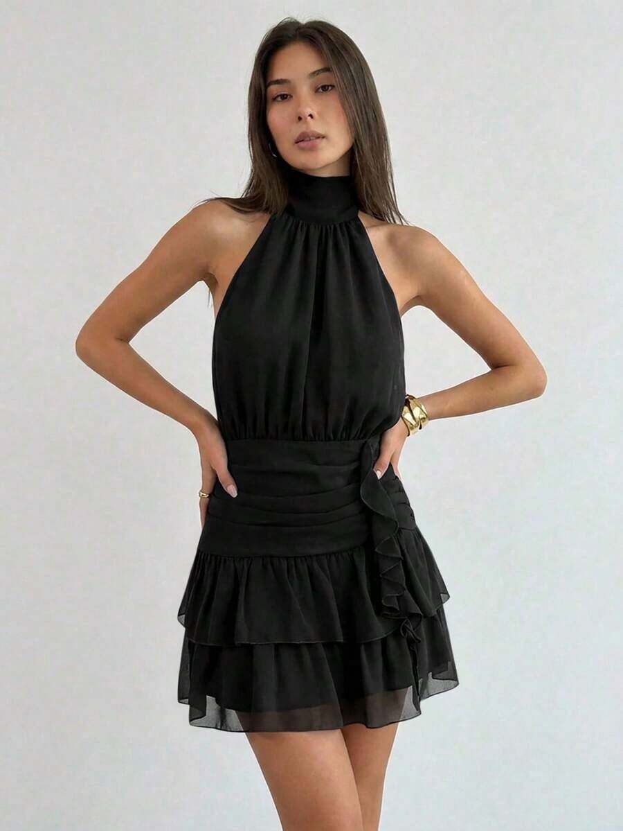 Vestido mini con cintura ceñida, volantes en el bajo y lazo en la espalda, para el Día de San Valentín - Negro - Ver 1