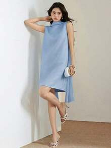 Vestido elegante de oficina con cuello drapeado para mujer - Azul - Ver 5