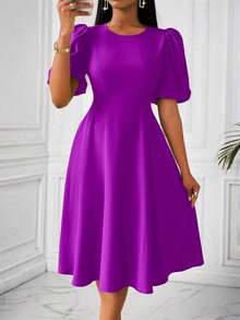 Vestido verde de manga abullonada larga, cuello en V, cintura recogida y bajo acampanado, para primavera y verano - Morado Violeta - Ver 8