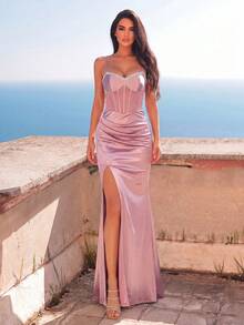Elegant Satin Slit Fishtail Maxi Dress, Formal Ball Gown Suitable For Wedding Guests, Graduation Ceremony, Gala Dinner And Other Occasions - Dusty Pink - View 2