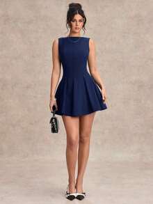 Vestido minimalista de una línea y escote en forma de U sin mangas, de color negro, vestido sexy para citas, vestido de dama de honor, elegante vestido negro pequeño, para primavera/verano - Azul marino - Ver 3