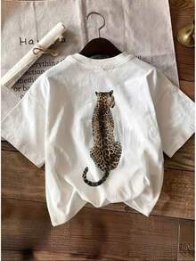 Basic T-Shirt With Tiger Print On The Back, Loose And Comfortable - White - View 6