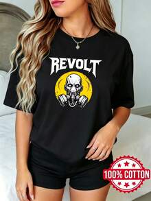 Women's Black Short-Sleeved T-Shirt With Round Neck And Print, Summer, Casual Style. Riotous Skull Gas Mask With Yellow Circle. Sizes S-3XL - Black - View 1