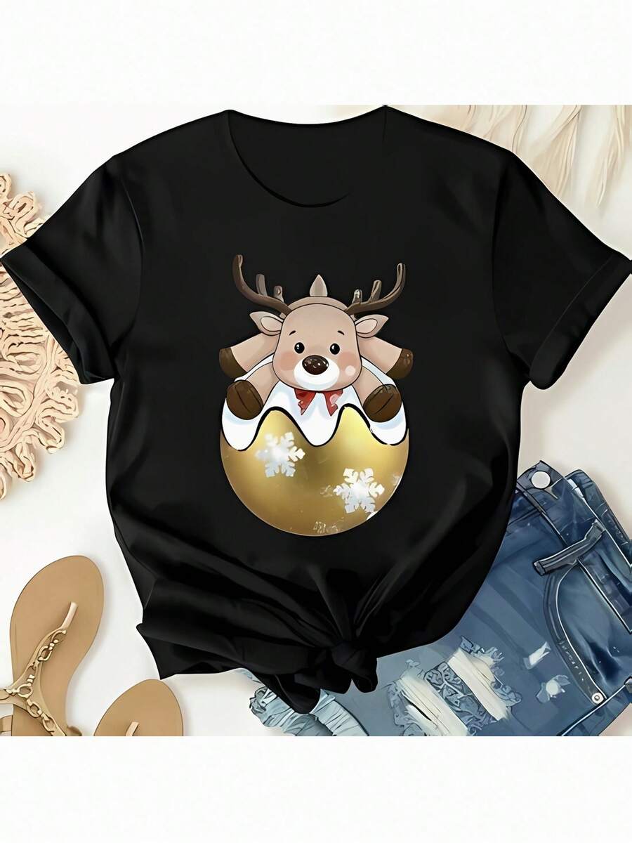 Camiseta vintage de algodón 100% suave con temática de Halloween - de manga corta, cuello redondo, estilo casual, con estampado de murciélagos - transpirable y cómoda, ideal para regalar. Camisetas gráficas de verano para mujer, camisa casual con estampado, manga corta y cuello redondo, moda urbana local de primavera/verano. - Negro - Ver 1