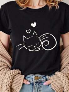 Women's Short-Sleeved T-Shirt, 100% Cotton, With Cat Print, American Style, Versatile, Casual, For Going To Work, Breathable, For Summer, Goes With Everything. - 黑色 - 查看 6